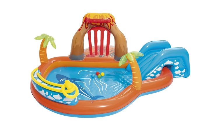 piscina inflable resistente para verano, color azul y naranja, con tobogán y fuente